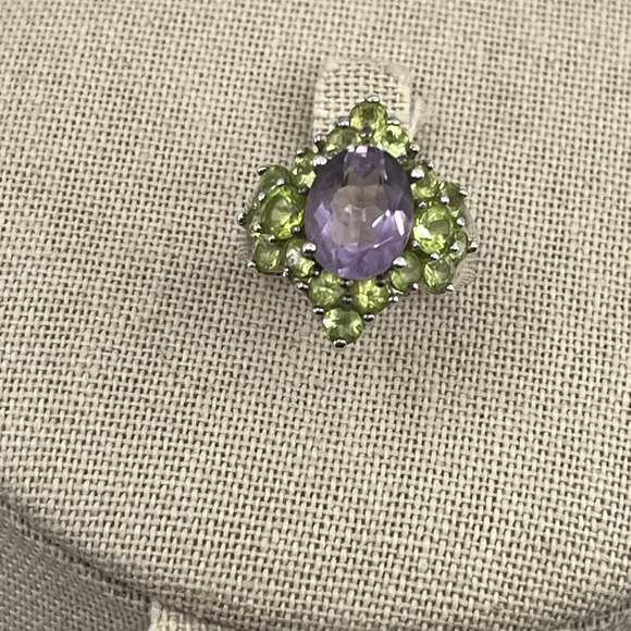 Vintage SETA Sterling Silver Amethyst & Peridot Cluster Ring Size 5 - Picture 2 of 16